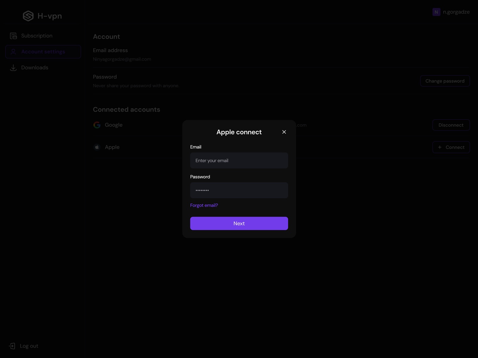 Desktop client, account settings with Apple connect modal