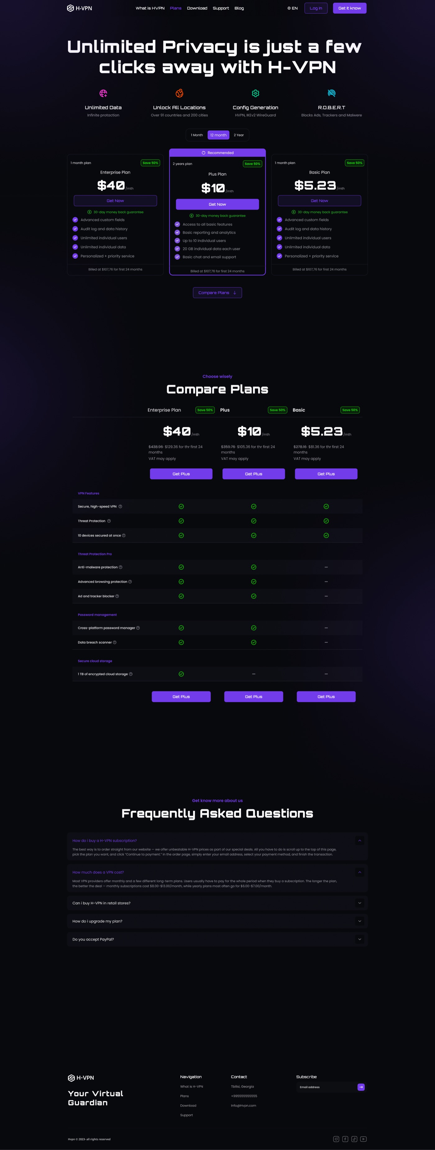 Pricing tiers, plan comparison table and FAQ