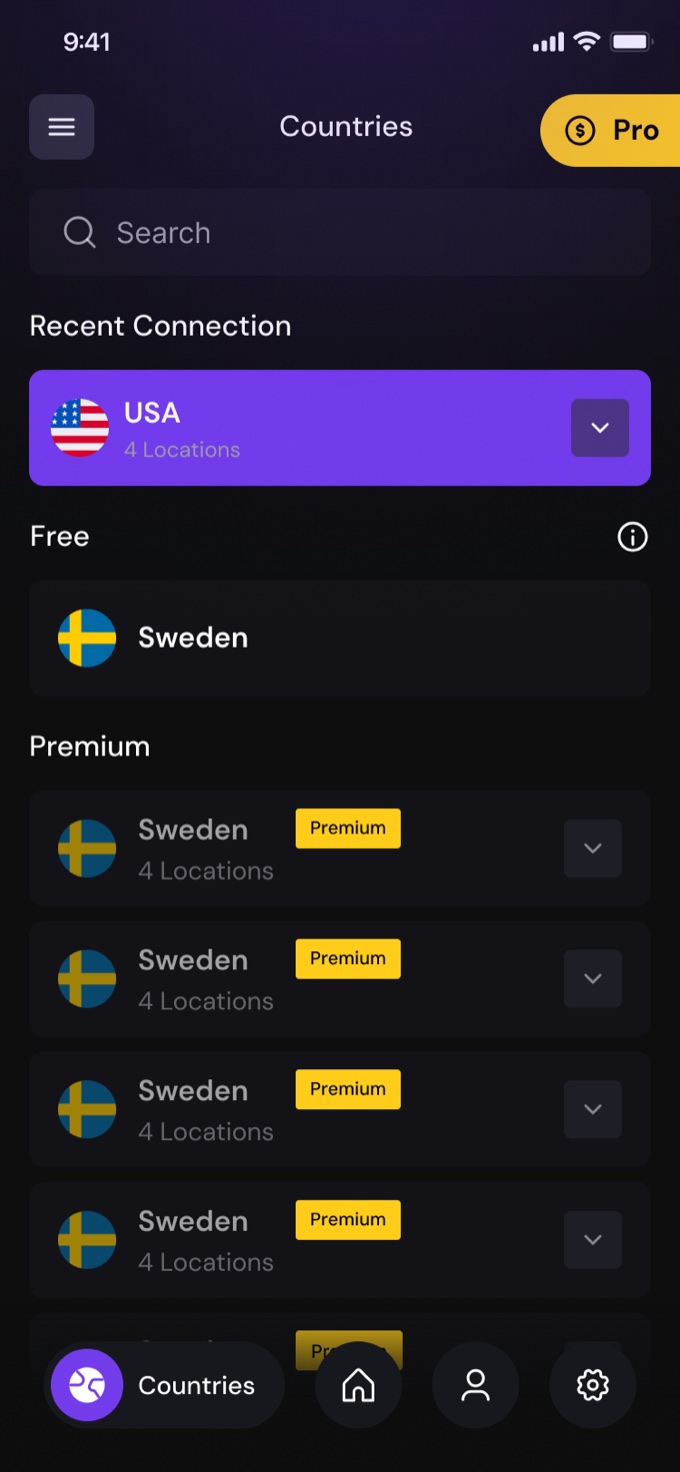 Country picker with server locations