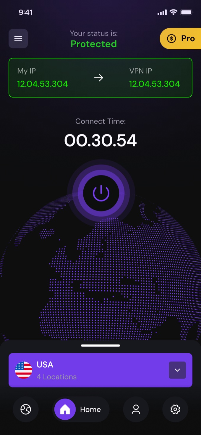 H-VPN home in protected state, green status, masked IP, connect timer