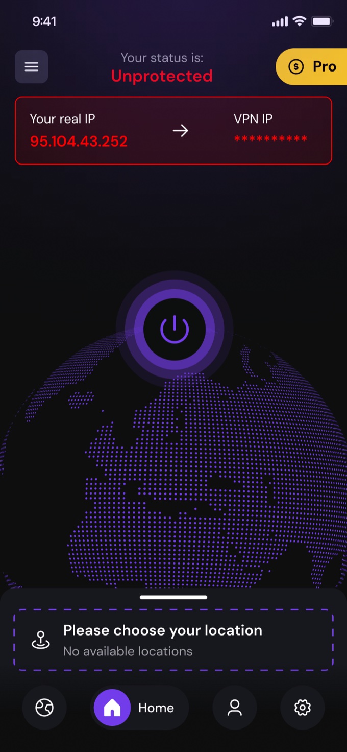 H-VPN home in unprotected state, red status, exposed IP