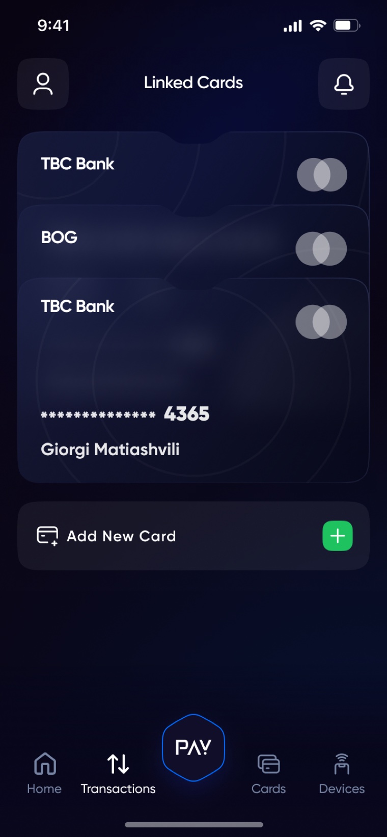 Linked cards list with TBC and BOG cards