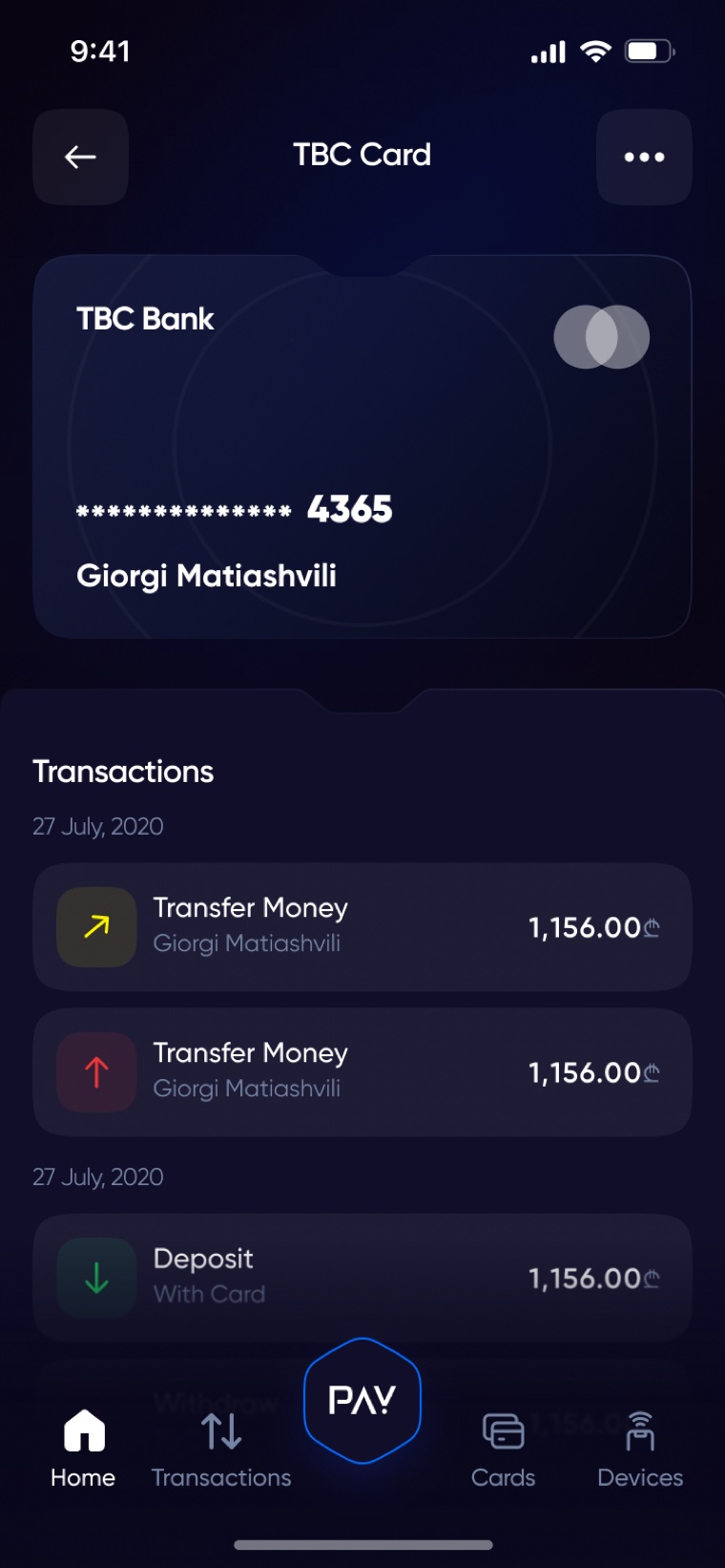 Card detail view with transactions