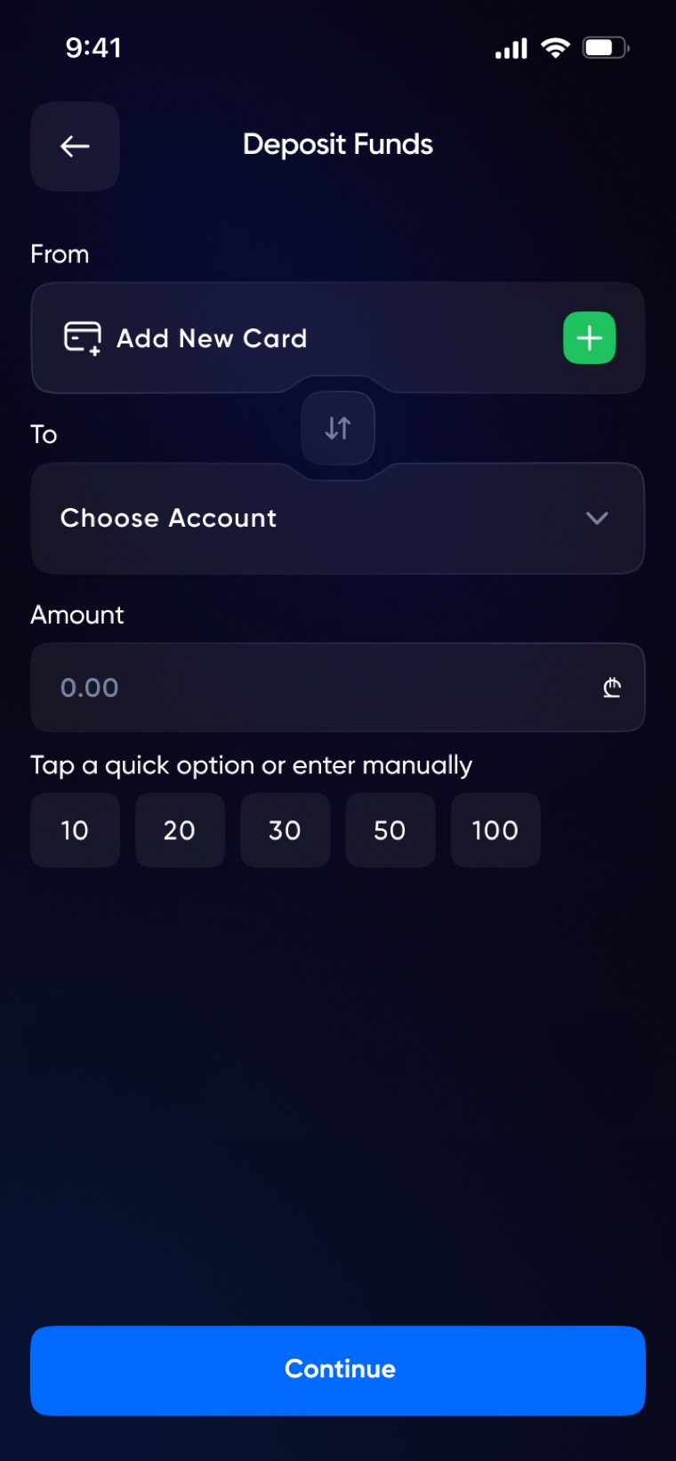 First-time deposit screen with quick amount chips