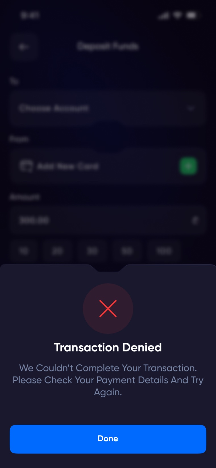 Transaction denied state with reason and retry