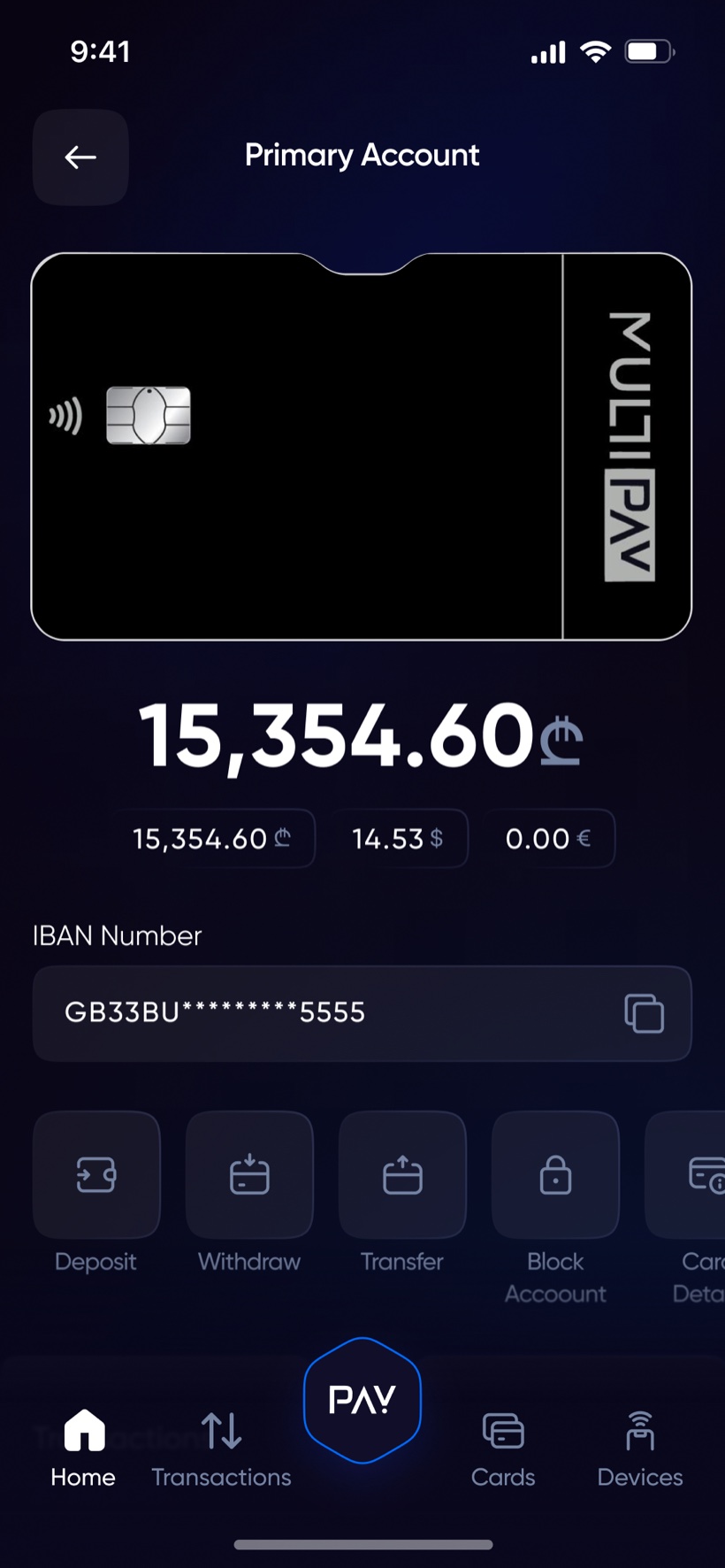 Multipay primary account screen with black premium card, GEL balance and multi-currency chips