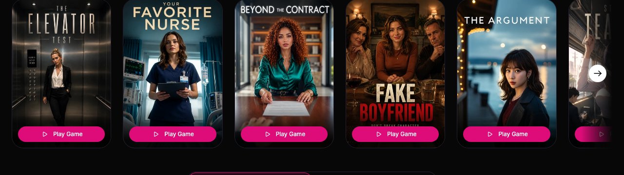 Roleplay game cards styled as cinematic movie posters with Play Game buttons
